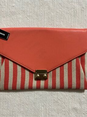 Express Coral and Cream Striped Envelope Handbag with Gold Lock